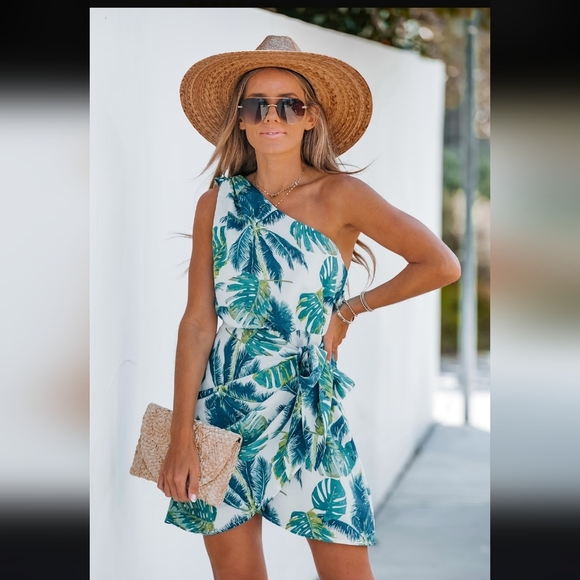 Cupshe One-Shoulder Tropical Dress in Blue and Green - Picture 1 of 14